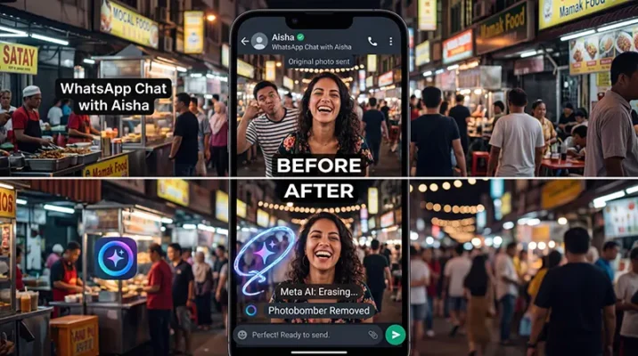 Removing a background photobomber using the Meta AI photo editing WhatsApp feature directly inside an iOS chat window.