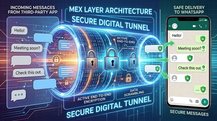 WhatsApp Breaks the Wall: Message Other Apps Seamlessly 6 Infographic explaining the Meta MEX layer architecture and WhatsApp end-to-end encryption security.
