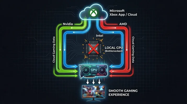 Diagram showing how Microsoft Advanced Shader Delivery routes precompiled shaders directly to Nvidia, Intel, and AMD GPUs, bypassing the CPU to stop game stutter.