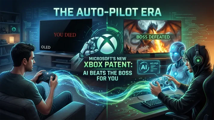 A holographic AI assistant taking over an Xbox controller to beat a video game boss, illustrating the new Microsoft Xbox patent.