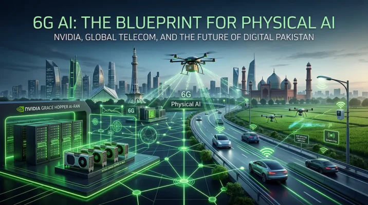 A futuristic landscape powered by Nvidia 6G AI, featuring smart agriculture drones, autonomous vehicles, and industrial robotics connected by a glowing digital grid emitting from an Nvidia GPU server.