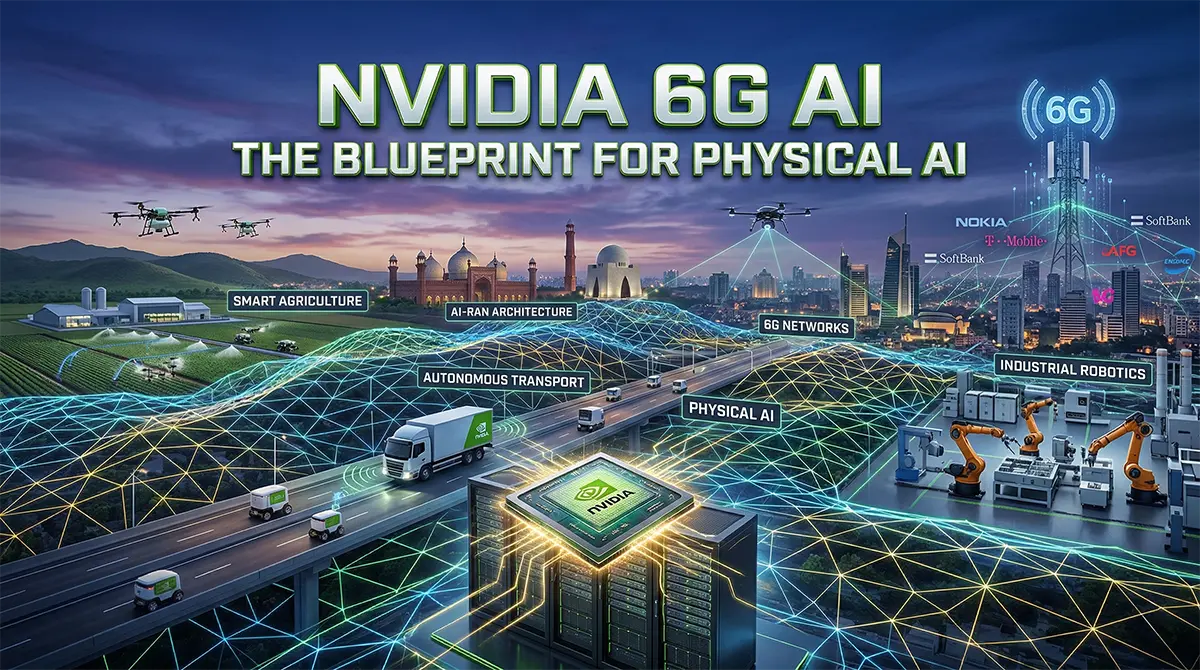 A futuristic landscape of Pakistan powered by Nvidia 6G AI, featuring smart agriculture drones, autonomous vehicles, and industrial robotics connected by a glowing digital grid emitting from an Nvidia GPU server.