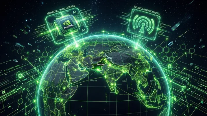 Futuristic illustration of Nvidia 6G AI technology connecting a global telecommunications network.