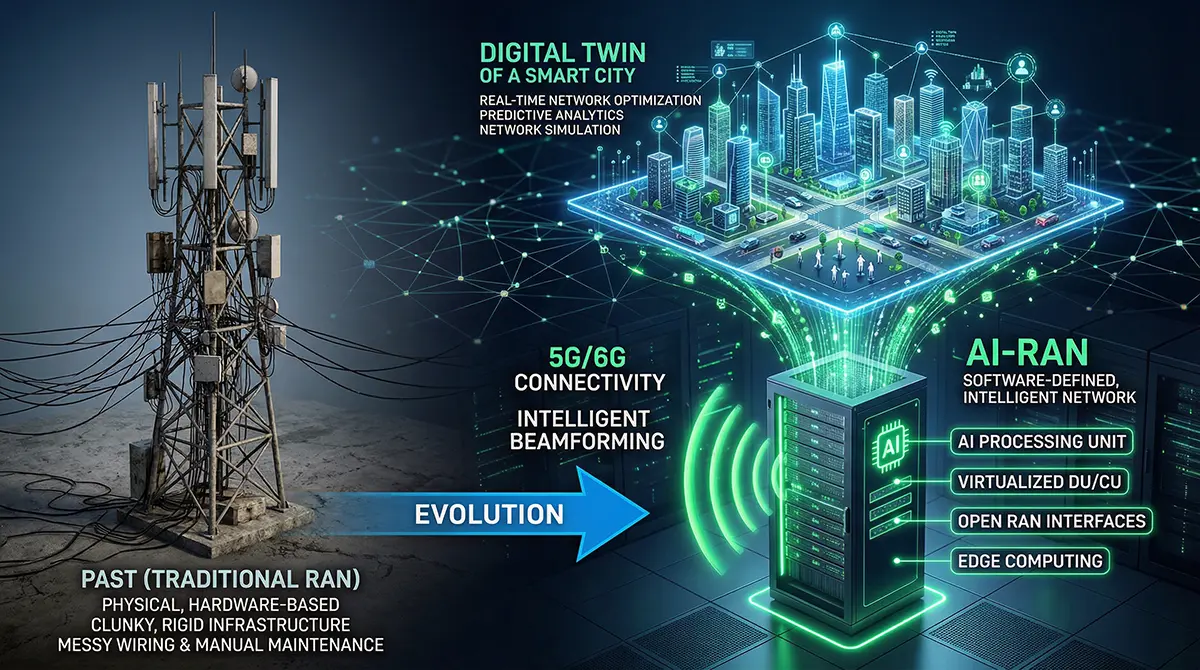 Diagram comparing traditional hardware-based cell towers to Nvidia's software-defined AI-RAN architecture.