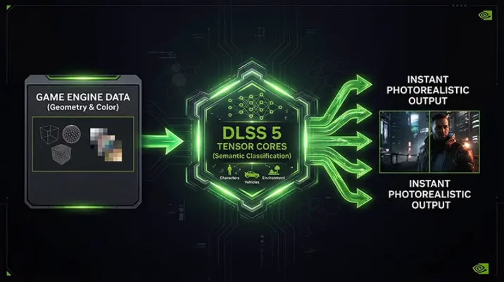 Infographic flowchart explaining how the Nvidia DLSS 5 3D-guided neural rendering pipeline and Tensor Cores process game engine data into photorealism.