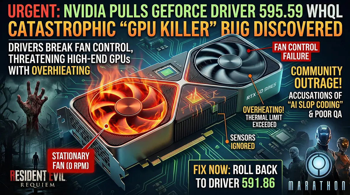 Infographic showing an Nvidia RTX GPU overheating due to the 595.59 driver bug, with a stationary fan labeled "0 RPM" and a "Roll Back to 591.86" call to action.