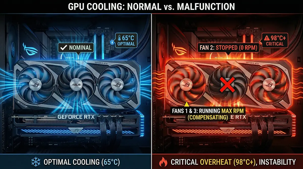 Diagram comparing normal Nvidia GPU cooling with the overheating caused by the GeForce 595.59 driver fan bug stopping one fan.
