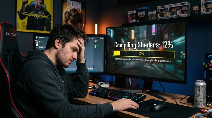 Frustrated PC gamer staring at a compiling shaders loading bar, highlighting the need for a stutter fix.