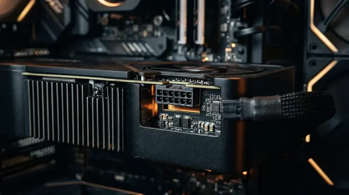 Macro photography close-up of the 12V-2x6 power connector socket on a premium Nvidia RTX 50-Series graphics card heatsink.