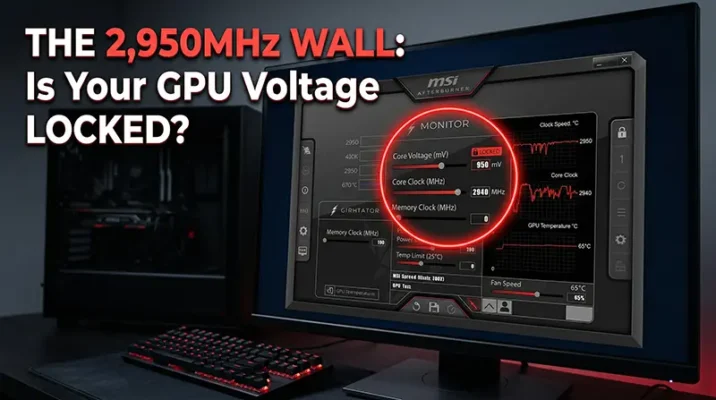 MSI Afterburner interface displaying a locked 0.95V core voltage and restricted sub-3GHz clock speed on an Nvidia RTX 5090 GPU after the 595.71 driver update.