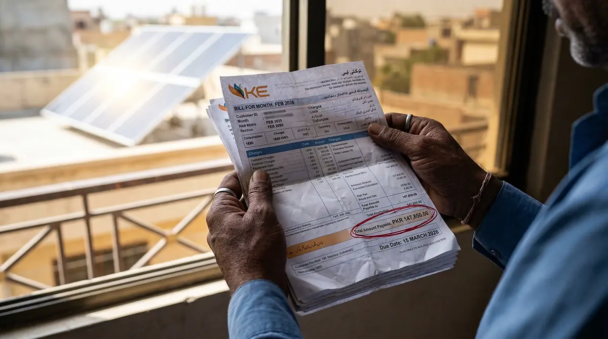 Close-up of an expensive Pakistani electricity bill emphasizing high grid electricity costs, with a solar panel blurred in the background.
