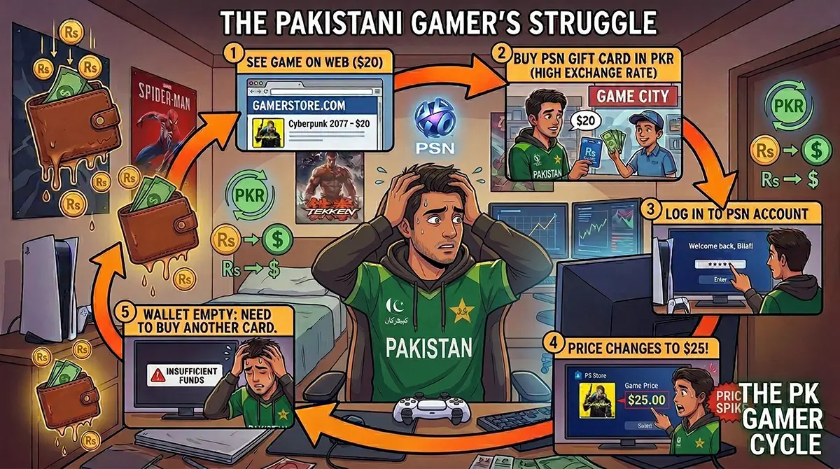 THE LOG IN TAX: Sony is Secretly Charging Players Different Prices on the PlayStation Store 4 Infographic explaining the struggle of Pakistani gamers buying PSN cards in PKR only to face unexpected dynamic pricing on the PlayStation Store.