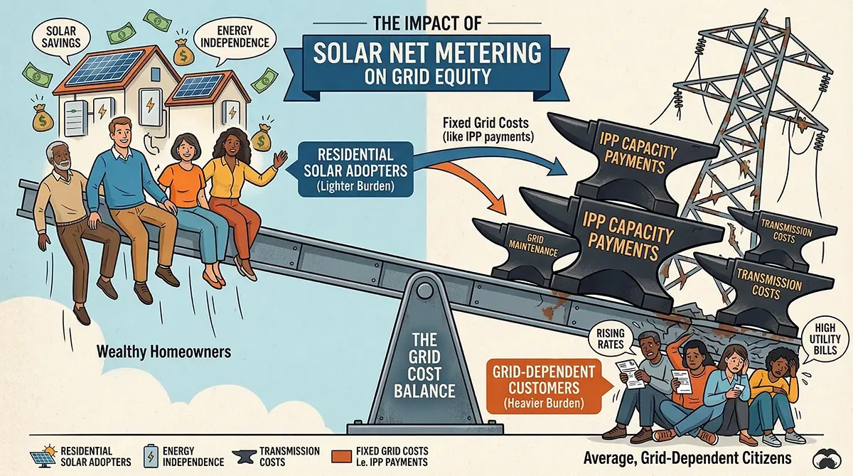 Infographic illustrating how the net metering policy and solar adoption increase IPP capacity payments for grid-dependent citizens in Pakistan.