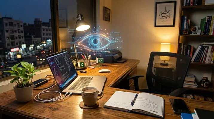 THE PIRACY PARADOX: Meta Claims Seeding 80 Terabytes of Pirated Books is "Fair Use" for National Security 6 Modern Pakistani freelancer workspace with a laptop, a cup of chai, and a glowing holographic AI network hovering above the screen.
