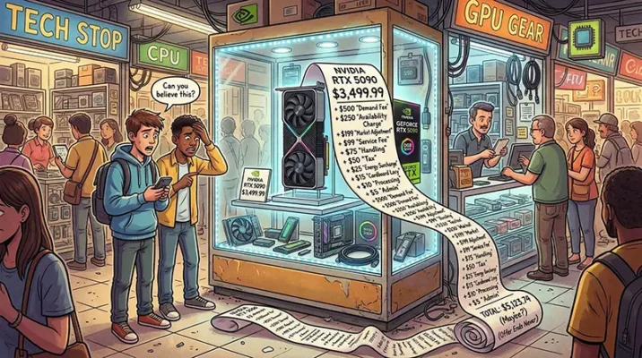 A shocked Pakistani PC gamer looking at the ridiculously high price of an Nvidia RTX 5090 graphics card inside a local computer market like Hafeez Center.