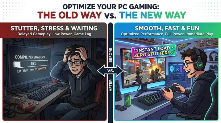 Split-screen infographic showing how precompiled shaders save time and UPS battery life for PC gamers in Pakistan.