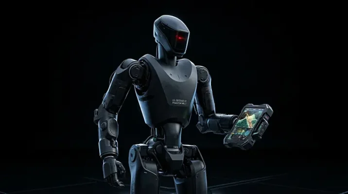 A sleek, matte black humanoid robot labeled Phantom MK.1 holding a tactical data tablet against a minimalist black background.