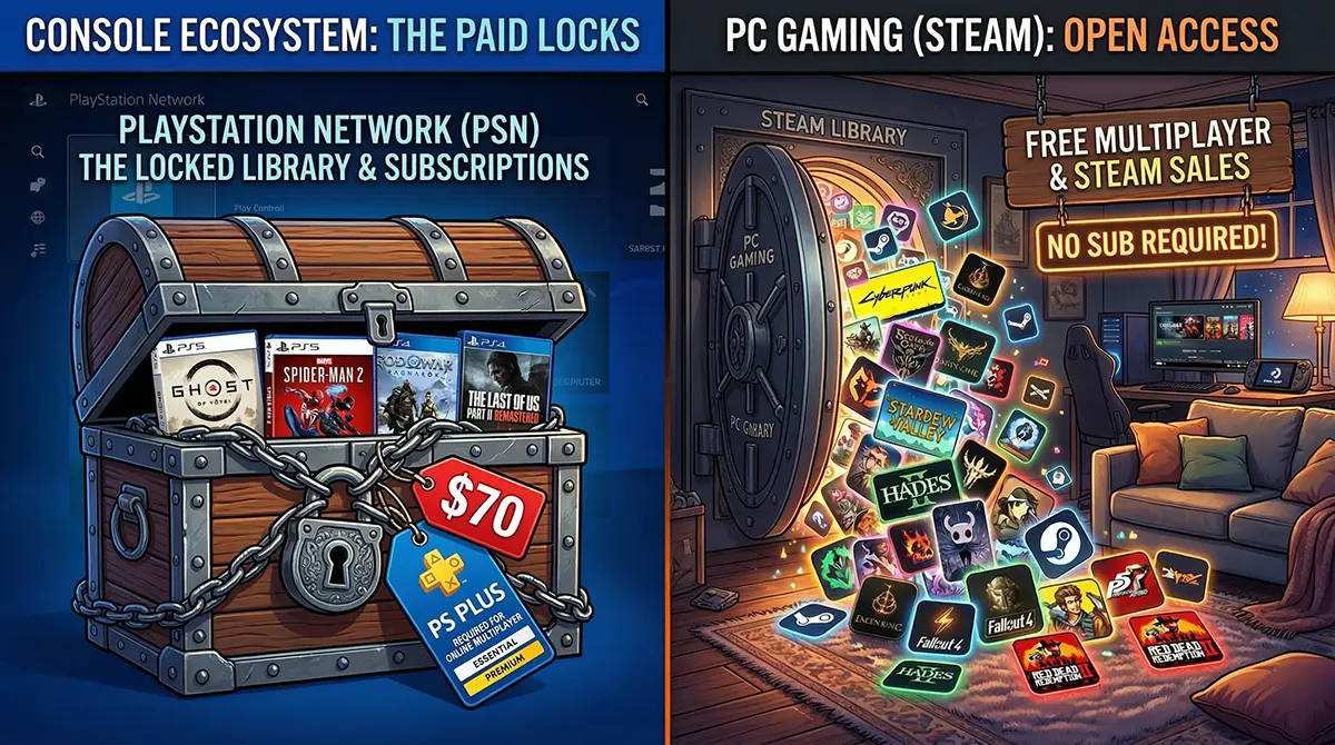 Infographic comparing Sony's closed PlayStation ecosystem with expensive games to Valve's open Steam PC platform with free multiplayer.