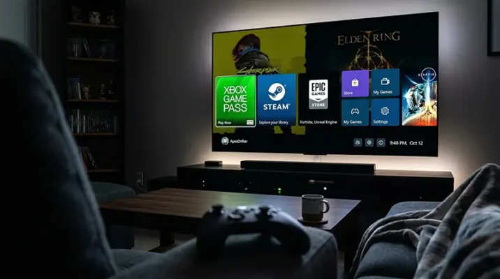 Xbox Project Helix dashboard on an OLED TV displaying native app tiles for Steam, Epic Games Store, and Xbox Game Pass.
