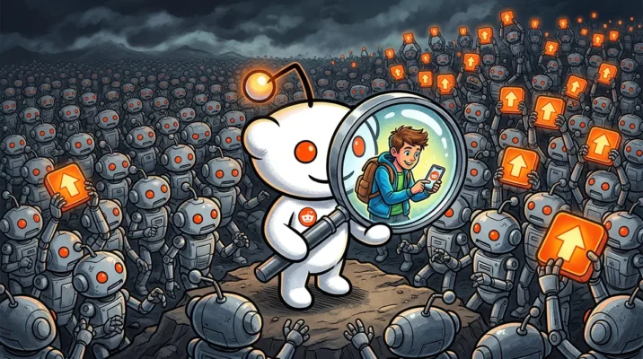 Illustration of a single authentic human Reddit user surrounded by a sea of automated AI bot Snoos manipulating upvotes.