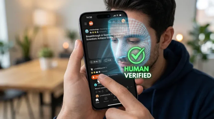 THE BIOMETRIC WALL: Reddit Wants Your Face to Prove You Aren't an AI Bot 3 Mockup of a smartphone screen showing a user trying to upvote a Reddit post and triggering a Face ID biometric scan prompt.