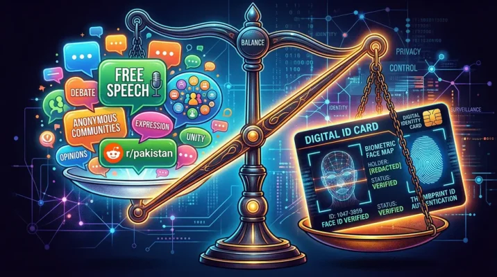 THE BIOMETRIC WALL: Reddit Wants Your Face to Prove You Aren't an AI Bot 4 A balancing scale weighing anonymous online chat bubbles against an invasive biometric digital ID card and face map.