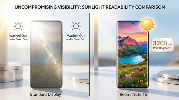 Xiaomi Redmi Note 15 3200 nits AMOLED display brightness comparison under bright sunlight in Pakistan.