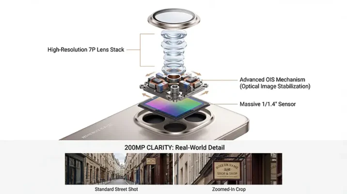 Breakdown of the 200MP ultimate-clarity camera specs and OIS on the Xiaomi Redmi Note 15 Pro.