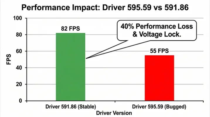 FPS comparison chart showing a massive frame rate drop in Resident Evil Requiem when using the faulty Nvidia 595.59 driver compared to the stable 591.86 version.