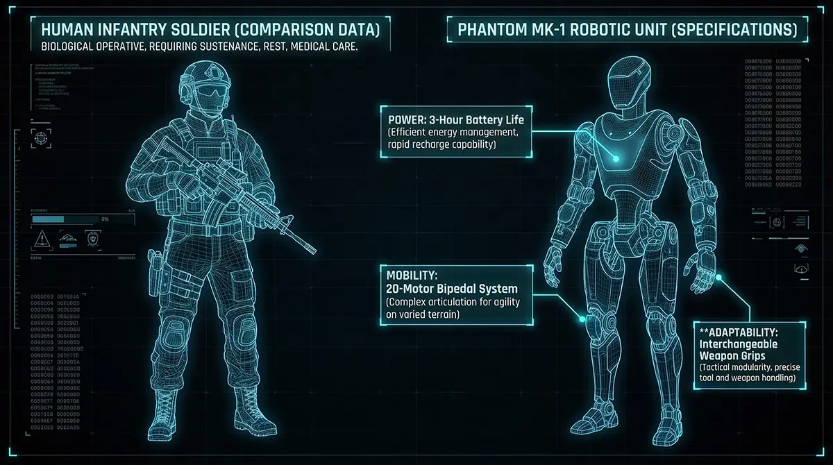 Blueprint infographic comparing human infantry vulnerabilities with the mechanical specs of AI-powered robot soldiers.