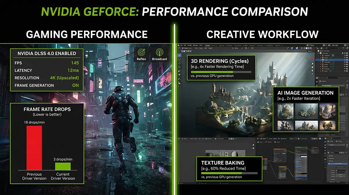 Split-screen comparison showing frame rate drops in Resident Evil Requiem with DLSS 4 enabled and slower AI image generation batch rendering times on an RTX 5090