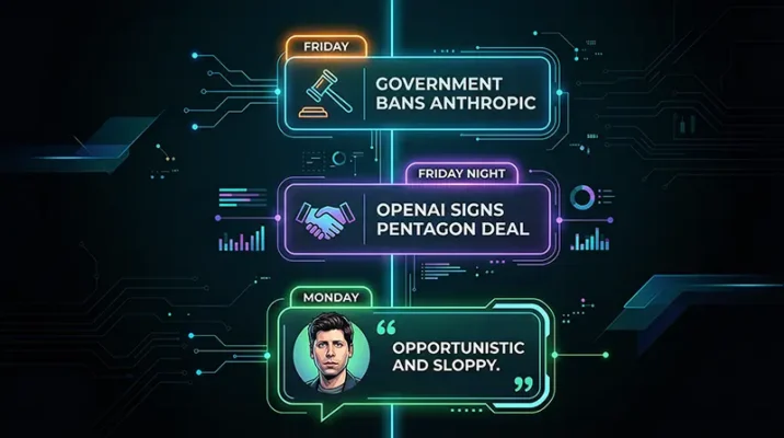 Dark mode timeline infographic detailing the sequence of the OpenAI sloppy surveillance deal and Sam Altman's response.