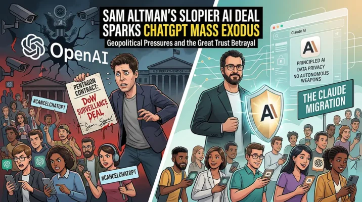 A detailed split-screen illustration contrasting the controversial OpenAI Pentagon surveillance deal with the user migration to Anthropic's Claude AI. On the left, a stressed Sam Altman holds a "DoW SURVEILLANCE DEAL" contract while angry protestors hold #CANCELCHATGPT signs under an OpenAI logo. On the right, a calm Dario Amodei stands behind a protective AI shield labeled "PRINCIPLED AI" and "DATA PRIVACY," leading a "CLAUDE MIGRATION" of happy users. A top banner reads: "SAM ALTMAN'S SLOPIER AI DEAL SPARKS CHATGPT MASS EXODUS".
