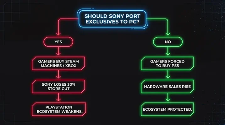 Strategic flowchart explaining why Sony cancelled PC ports to protect console sales and its 30 percent digital store cut.