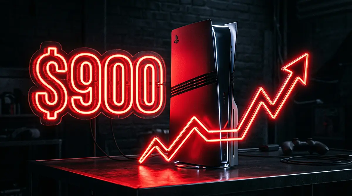 Sony PlayStation 5 Pro console displaying a $900 price tag and upward trending arrow.
