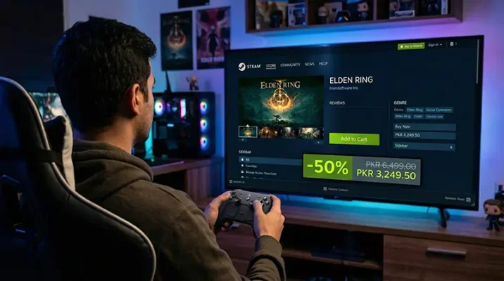 A gamer viewing heavily discounted regional Steam pricing in Pakistani Rupees (PKR) on a television screen using a Steam Machine.