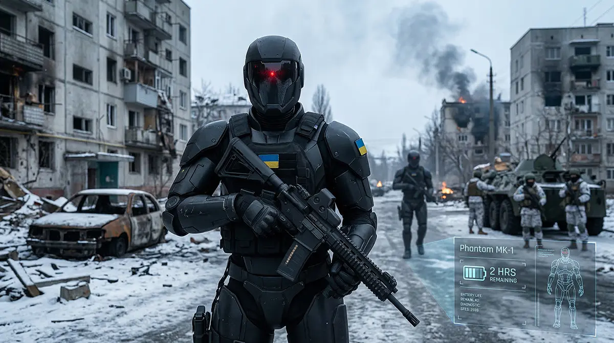 Jet-black Phantom MK-1 robot soldiers deployed for frontline combat in a snowy Ukrainian battlefield.