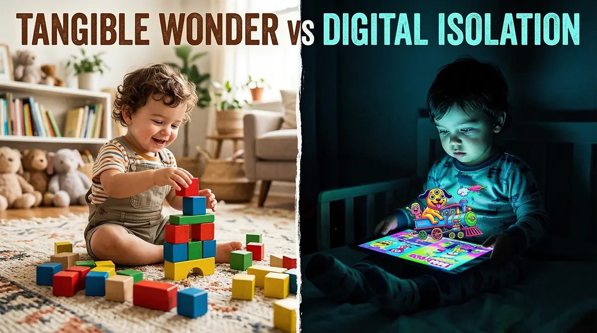 Contrast between a toddler engaging in traditional physical play and a toddler watching overstimulating AI slop on a tablet.