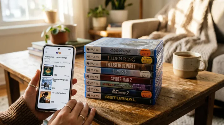 Gamer holding physical game discs and checking a used market app for Sony PlayStation 5 deals.