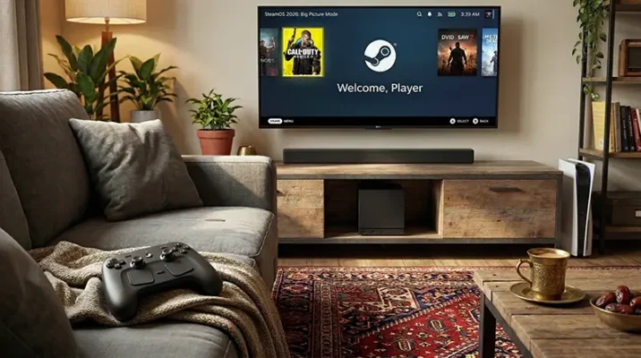 A 2026 Valve Steam Machine setup in a modern Pakistani living room replacing a dusty PlayStation 5 console.
