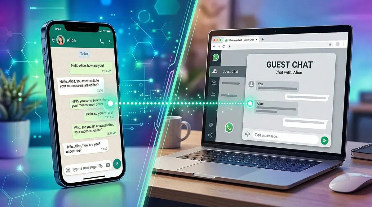 Illustration showing the new WhatsApp beta guest chat feature connecting a smartphone app to a web browser.