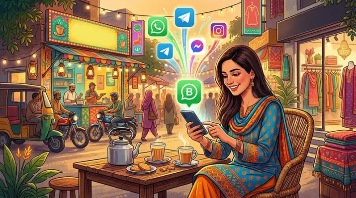 WhatsApp Breaks the Wall: Message Other Apps Seamlessly 7 Pakistani business owner utilizing cross-platform messaging via the WhatsApp Business API to manage customer chats.