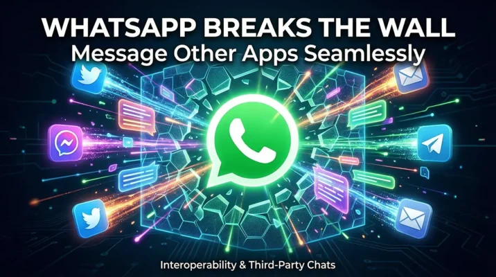 Digital illustration showing the WhatsApp logo shattering a glass wall, surrounded by icons for Telegram, Messenger, and X, representing cross-platform messaging.