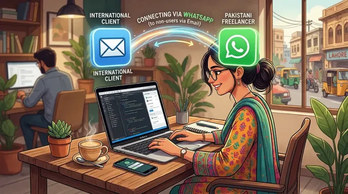 Illustration of a Pakistani freelancer using the WhatsApp guest chat link to communicate with international clients.