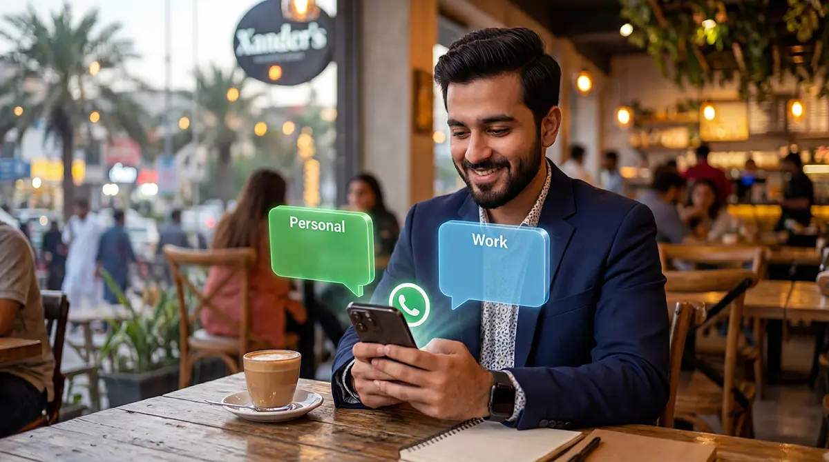 A Pakistani professional using an iPhone to switch between work and personal profiles as whatsapp adds multiple accounts support and new features for ios.