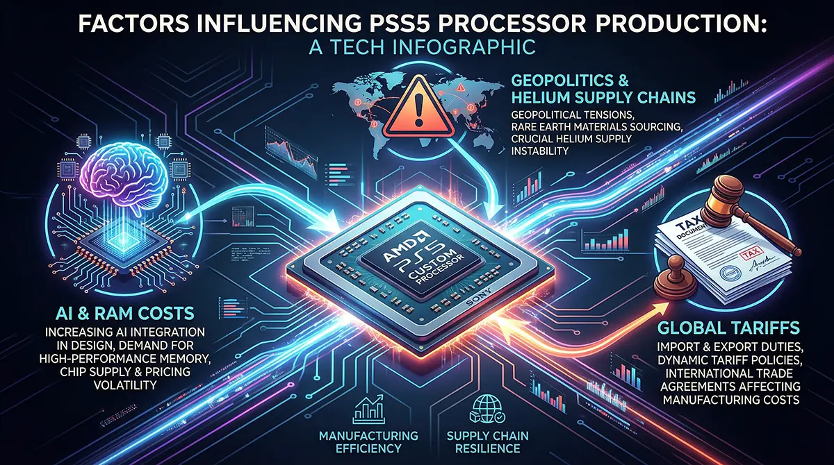 Infographic detailing the AI boom, supply chain shocks, and global tariffs causing the Sony PlayStation 5 price surge.