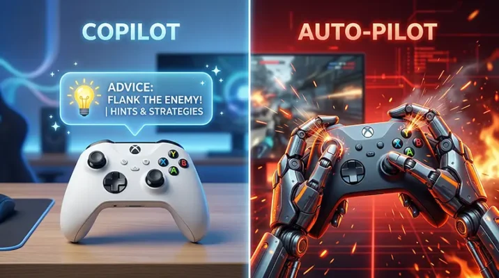 Split-screen comparison showing the Xbox Gaming Copilot offering advice versus the new AI auto-pilot physically controlling the game.