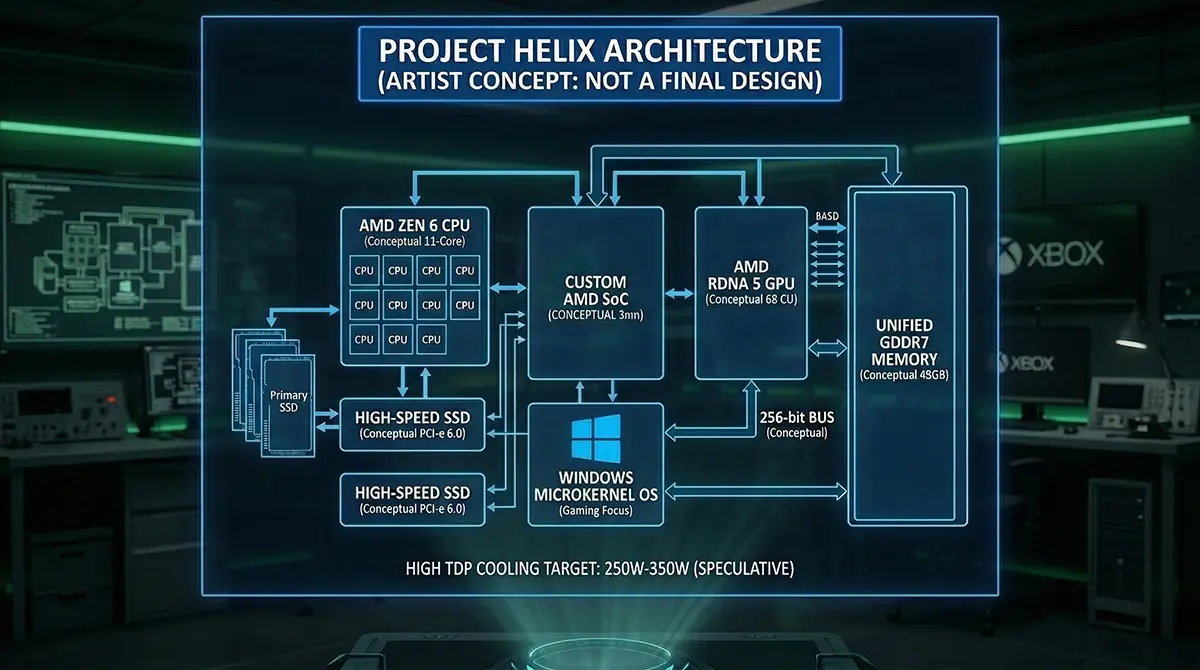Conceptual block diagram of Xbox Project Helix internal architecture showing AMD Zen 6 CPU, RDNA 5 GPU, and 48GB GDDR7 memory.
