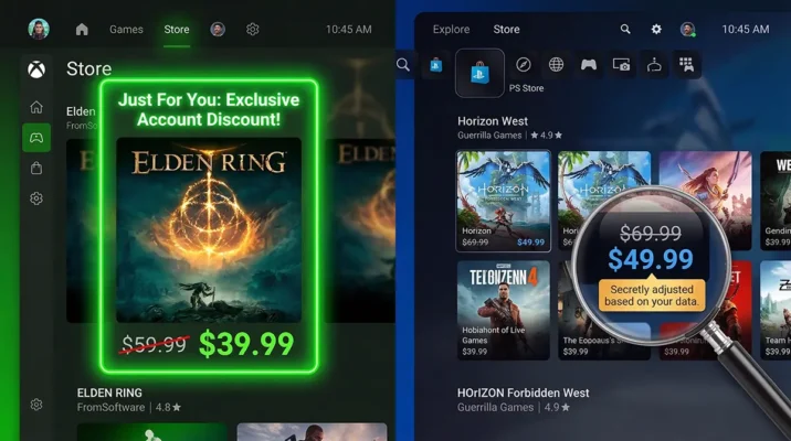 THE LOG IN TAX: Sony is Secretly Charging Players Different Prices on the PlayStation Store 5 Side-by-side comparison of transparent personalized Xbox store discounts versus hidden dynamic pricing on the PlayStation Store.
