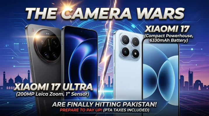 Xiaomi 17 and Xiaomi 17 Ultra smartphones displaying a glowing camera lens, highlighting the 1-inch main sensor and 200MP periscope, with a PTA Approved badge and Lahore skyline in the background.